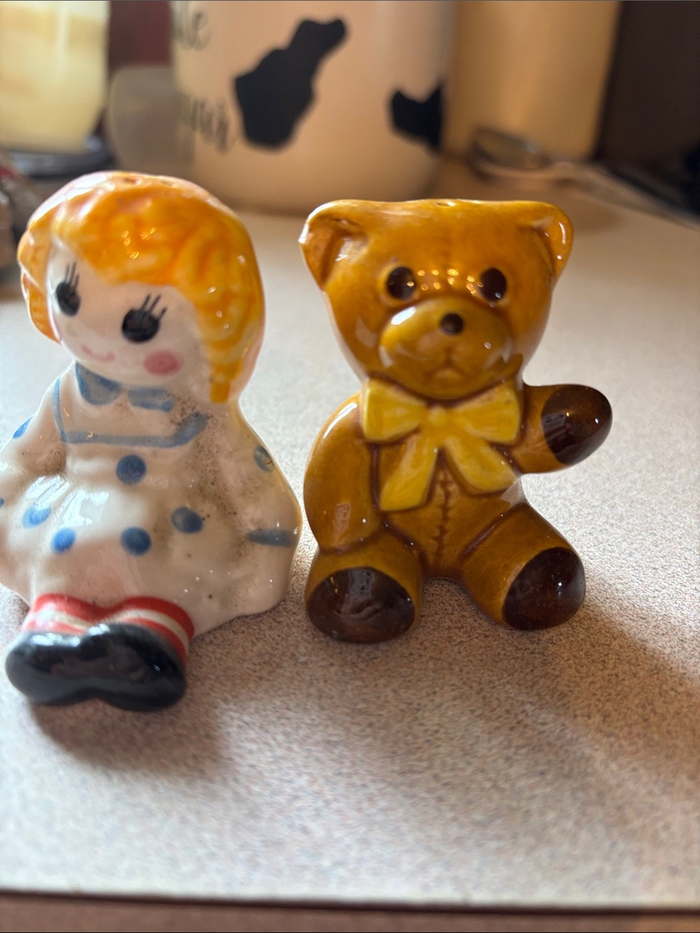 Yellow Ceramic Doll & Bear salt & Pepper Shakers